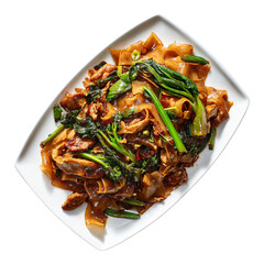 Pad See Ew stir fried noodle dish with Chinese broccoli and egg, delicious and popular Thai street food, isolated treat for menu design or website banner
