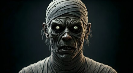 Halloween mummy wallpaper, scary egyptian mummy close up over a black background