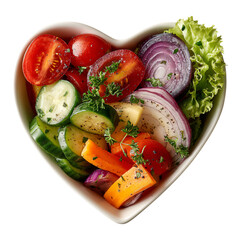 Vegetarian tomato cucumber onion and lettuce salad in heart shaped bowl for healthy eating concept....