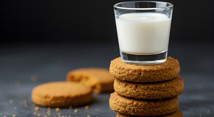Glass Of Milk Resting On A Stack Of Delicious Fresh Baked Cookies