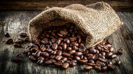 Roasted Coffee Beans In Burlap Bag On Rustic Wooden Table