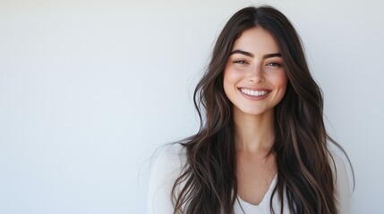 Obraz premium An attractive young brunette woman smiling brightly while standing against a clean white background