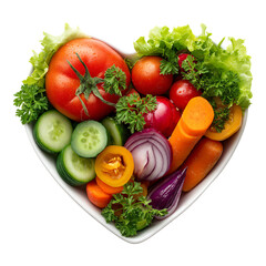 Heart shaped bowl with fresh vegetables, including tomatoes, lettuce, cucumbers, red onion and carrots, healthy eating for diet or detox, isolated cutout png transparent clipart