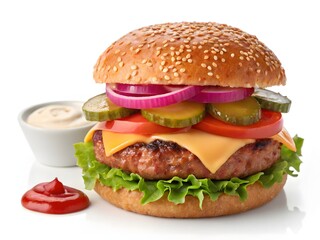 Close-up of a mouthwatering cheeseburger featuring a sesame seed bun, cheddar cheese, lettuce, tomato, pickles, and red onions. Served with ketchup and mayonnaise on the side. 