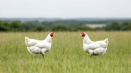 Fototapeta premium Two White Chickens In A Green Meadow