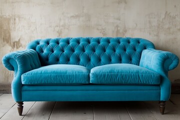 Aqua blue sofa against a stained dark beige wall, wooden flooring in a hall