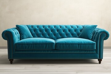 Aqua blue sofa with cushions and silver linings against a dark beige wall, wooden flooring in a hall