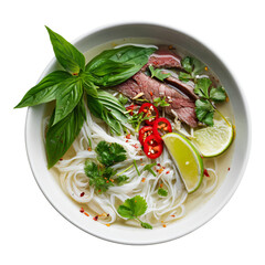 Asian pho bo dish with beef meat strips, basilic, lime, and chilli served in a white bowl, top view isolated on transparent for menu template and food advertisement
