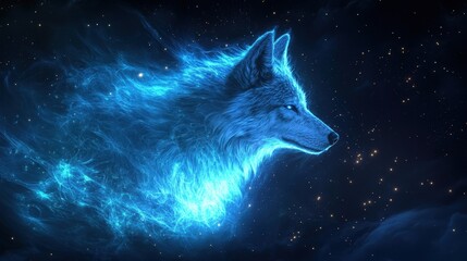 A glowing wolf surrounded by a cosmic blue light. The image captures the mystical essence of nature and the universe at night.
