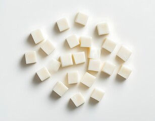 Feta cheese cubes with basil leaves isolated on a white background