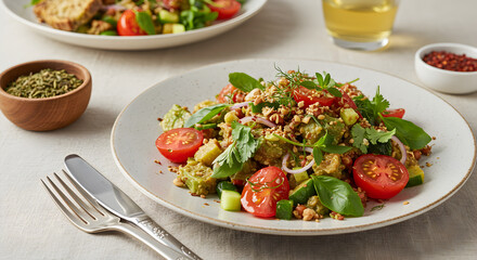 Delicious Avocado Salad with Cherry Tomatoes and Fresh Herbs Close Up