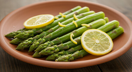 Freshly Cooked Asparagus with Lemon Slices on a Rustic Plate