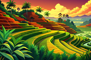 Tegalalang Rice Terrace farm at sunset time, Simple cartoon design Flat style illustration vector