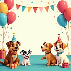 Obraz premium Whimsical birthday backdrop featuring cartoon dogs, party hats, and presents, birthday, fun, presents