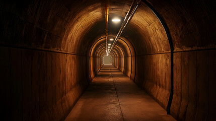 Long Dark Tunnel With Brown Stone Walls