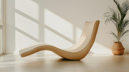 A modern chaise lounge next to a plant in bright sunlight