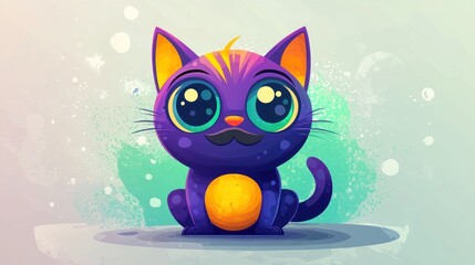 Obraz premium Cute cartoon cat, sitting, playful background, digital art, children's, print, web design, social media