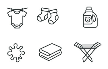 Fototapeta premium outline vector icons of baby laundry: onesie hanging, baby socks, laundry basket, baby detergent, stain icon, folding, baby towel, drying rack. set of line style icons in a modern, minimalist design.