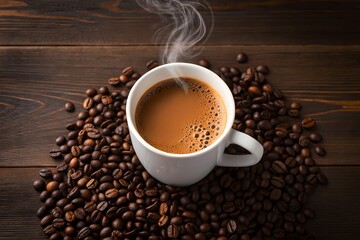 Fototapeta premium Flat lay image of a steaming hot cup of coffee in a white ceramic mug placed on a rustic wooden surface, surrounded by a generous circle of roasted coffee beans. Ideal for coffee branding, 