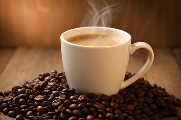Fototapeta premium Steaming hot coffee in a white ceramic mug placed on a pile of roasted coffee beans atop a wooden surface. The warm tones, rich textures, and natural steam create a comforting 