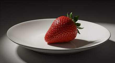 Single Red Strawberry On A White Plate Against A Dark Background