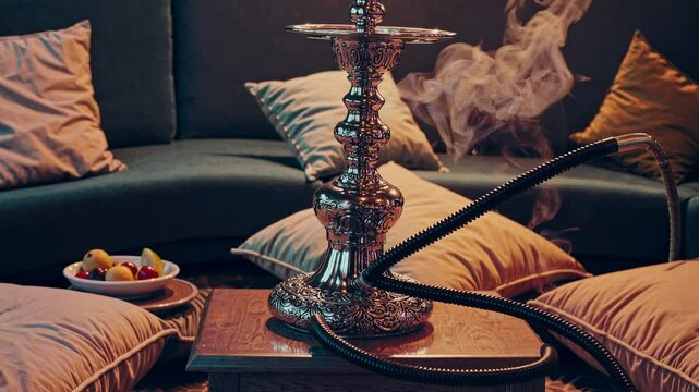 A low-angle shot of a decorative hookah with smoke swirling, set in a cozy lounge with cushions. The video captures a relaxed, ambient vibe.