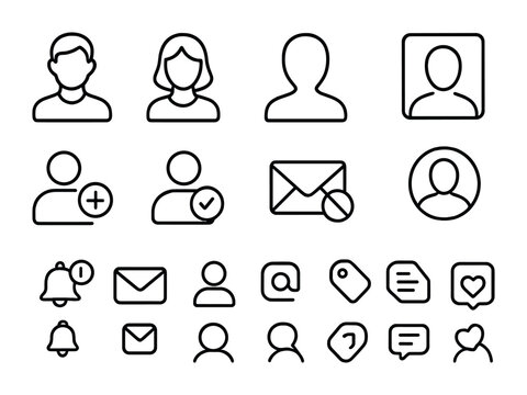 outline vector icons of user profile settings: avatar, username, bio, email, password, privacy, sign out, account sync., set of line style icons in a modern, minimalist design.
