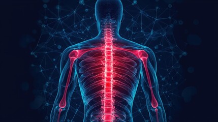 A stylized illustration of a human spine with glowing elements, showcasing the skeletal structure against a dark background.