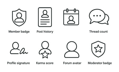 outline vector icons of community websites: forum icon, comment thread, upvote/downvote, member profile, private message, topic tag, moderator badge, reply button., set of line style icons in a