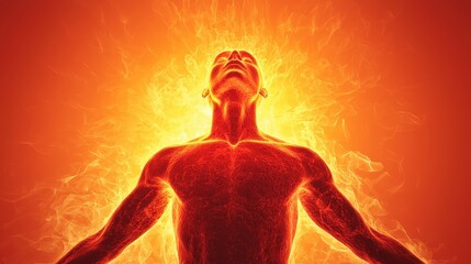 A glowing figure stands in a radiant blaze, exuding energy and power, symbolizing strength and transformation against a fiery backdrop.