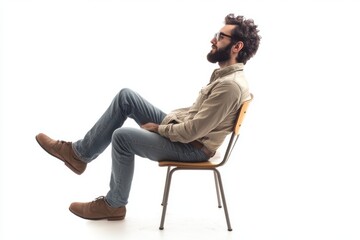 Man sitting on a wooden chair isolated on white background