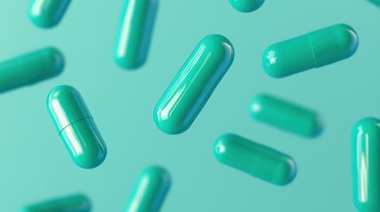 A vibrant image of floating turquoise capsules against a light background, suggesting a theme of health and wellness.