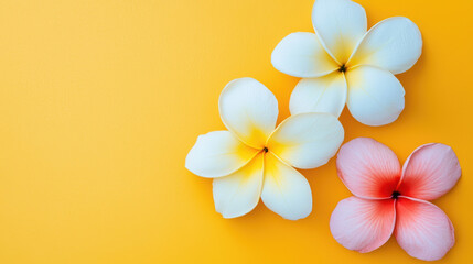 Naklejka premium Three beautiful plumeria flowers arranged on a vibrant yellow background create a serene and tropical atmosphere perfect for spa or summer themed designs.