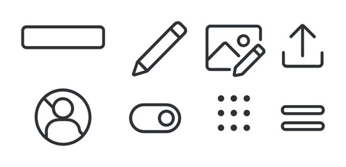 outline vector icons of editable profile fields: text box, pencil icon, image edit, upload icon, remove photo, toggle status, drag handle, reorder icon. set of line style icons in a modern,