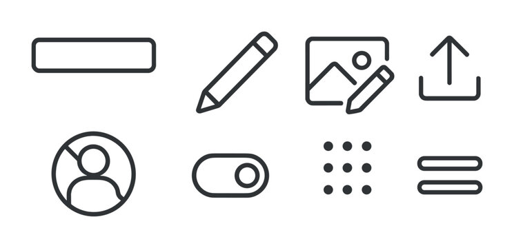 outline vector icons of editable profile fields: text box, pencil icon, image edit, upload icon, remove photo, toggle status, drag handle, reorder icon. set of line style icons in a modern,