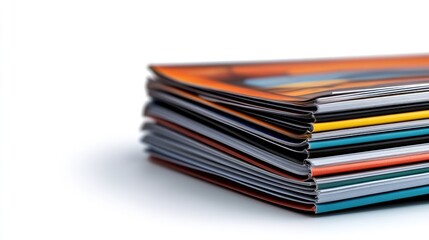 A neatly stacked pile of international business magazines featuring global trade on an immaculately white background.