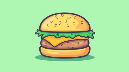 Cartoon hamburger illustration on light mint green background. Possible use Food graphic design