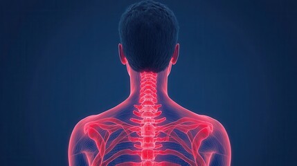 A digital illustration showing the human spine and shoulder structure from the back, highlighting anatomical details in a glowing red color against a dark background.