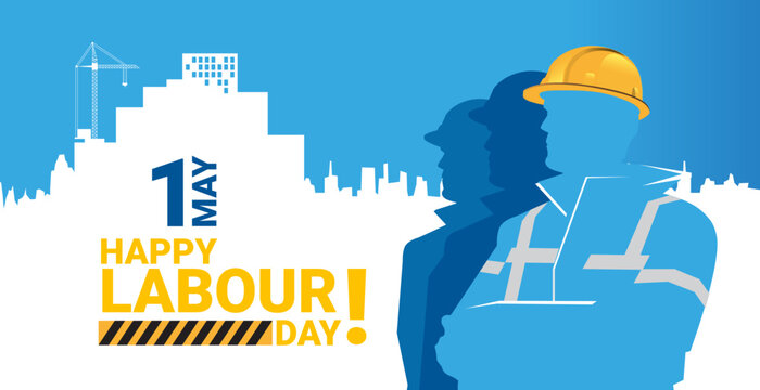 Labour Day greeting card template with construction workers in overalls, helmet, city skyline, and crane. Celebrates 1st May, honoring workers’ contribution. Great for posters or banners.