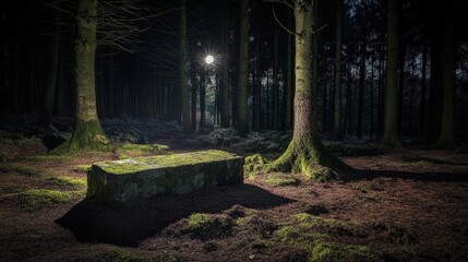 Mysterious forest scene at night featuring a moss-covered stone structure with moonlight shining through tall trees.