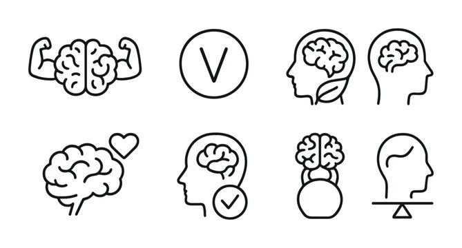 outline vector icons of mental health and love: heart brain, balanced heart, love therapy, mindful heart, calm heart, talk with heart, emotional support heart, empathy icon. set of line style icons