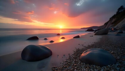 A beach at sunset. The sky is a beautiful mix of oranges, pinks, and purples, with the sun setting in the distance. The water is calm and reflects the colors of the sky. 
