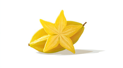 Fototapeta premium Two vibrant star fruits, one sliced to reveal its star-shaped interior, rest on a white surface casting subtle shadows, showcasing tropical produce.