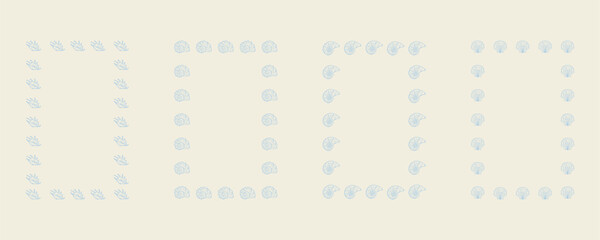 Set of rectangular frames with hand-drawn seashells. Summer vector illustration.