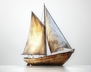 depiction of a classic wooden sailboat with foresail set against a pure white backdrop showcasing detailed textures and craftsmanship
