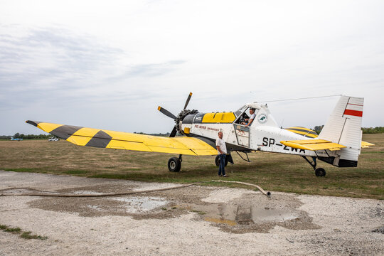 Poland, Turbia - 9 September 2024: PZL M18 Dromader SP-ZWA polish firefighting airplane during display.