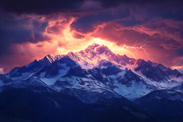 Majestic mountain range illuminated by a vibrant storm.