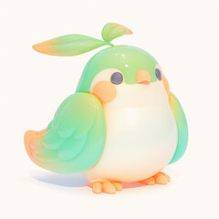 Colorful cartoon bird with a leaf, white isolated background.