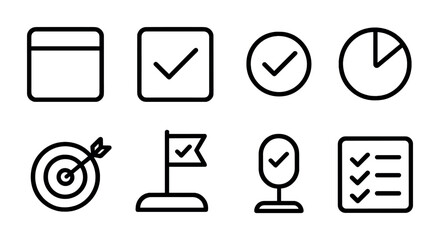outline vector icons of task completion: task box, check on task, done status, progress complete, goal check, project finish, milestone tick, to-do icon. set of line style icons in a modern,