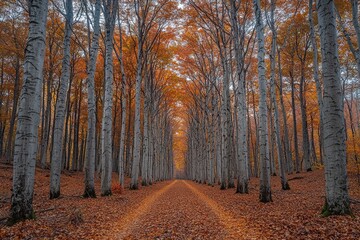Fototapeta premium Majestic birch tree alley in autumn foliage, orange leaves covering forest path